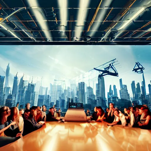 Prompt: large group people in a warehouse, looking at hologram of futuristic city on a table, cinematic concept art, godrays, golden hour, natural sunlight, 4 k, clear details, tabletop model buildings, tabletop model, hologram center, crane shot, crane shot, crane shot