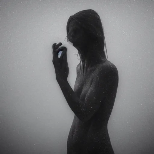 Image similar to modern sculpture of a beautiful woman on the rain, on a lake, faith, full body, low angle, night, surrounded by smoke, shadows, award winning photography