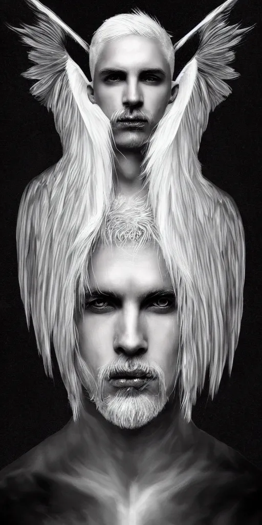 Prompt: portrait of symmetric detailed terrifying male - angel with white hair with detailed white wings flying in black smoke, ultra realistic, epic, highly detailed, hd, sharp focus, cinematic lighting, realistic, vivid colors, gritty, matt painting, digital art, non blurry, sharp, artstation, concept art, smooth, illustration.