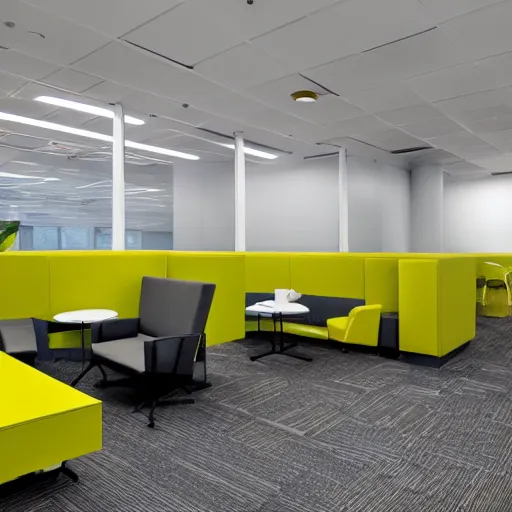 Prompt: liminal office space with walls and carpeting with a monochromatic tone of yellow, fluorescent lights