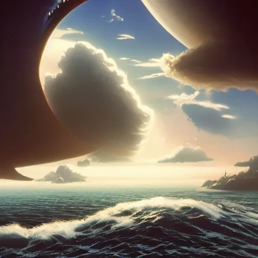 Image similar to beautiful matte painting of a dreamy ocean with clouds, sci - fi, daylight, blue sky, cinematic lighting, cinematic perspective, planet above, syd mead, john harris, federico pelat, detailed, 4 k, hd