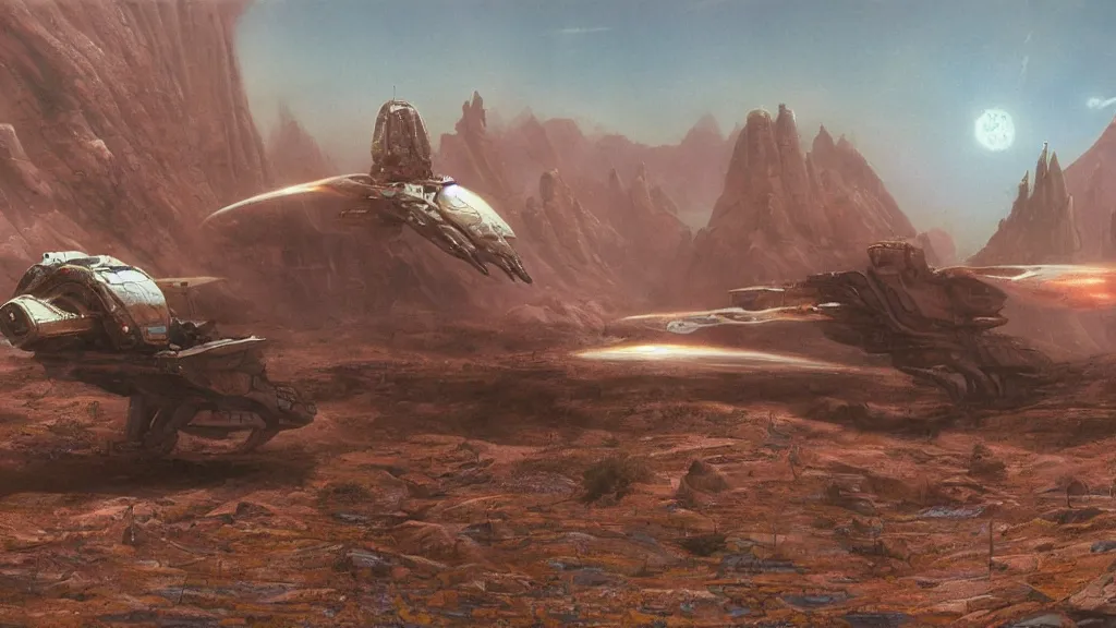 Image similar to small organic dropship lander by john schoenherr and jim burns, epic cinematic matte painting