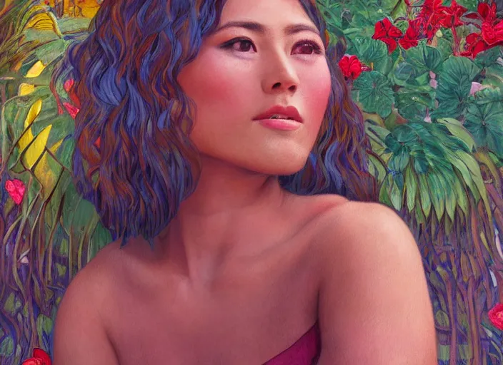 Prompt: eva lovia, exterior botanical garden, portrait face, colorful, in the style of frantisek kupka, intricate, miles johnston, kuroda seiki, cynical realism, ozabu, john william godward, painterly, yoshitaka amano, moebius, beautiful lighting, miles johnston, klimt, louise zhang, james jean