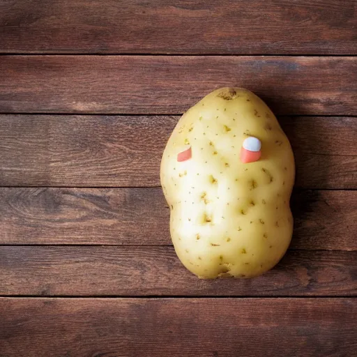 Image similar to potato with face, legs and arms, on a wooden table