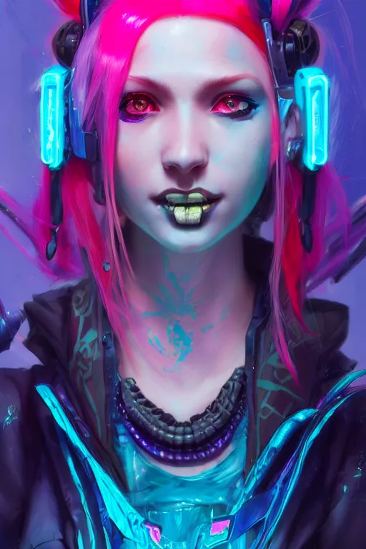 Prompt: jinx from league of legends, cyberpunk futuristic neon. long blue hair, decorated with traditional japanese ornaments by ismail inceoglu dragan bibin hans thoma greg rutkowski alexandros pyromallis nekro rene maritte illustrated, perfect face, fine details, realistic shaded, fine - face, pretty face