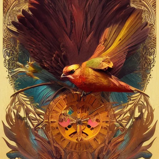 Image similar to carved wooden colorful bird, golden crown, dark, rusty, fantasy forest, highly detailed, realistic, artstation, concept art, smooth, sharp focus, illustration, art by artgerm and greg rutkowski and alphonse mucha