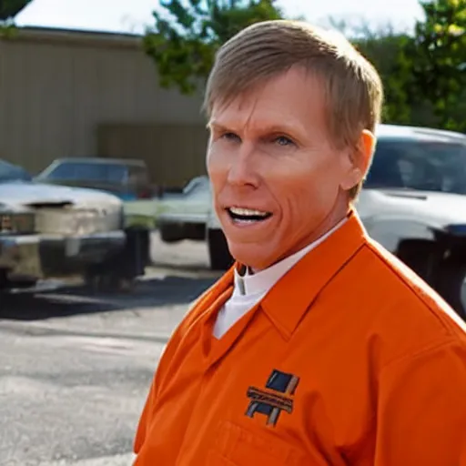 Prompt: pastor kent hovind in orange prison uniform, still from orange is the new black