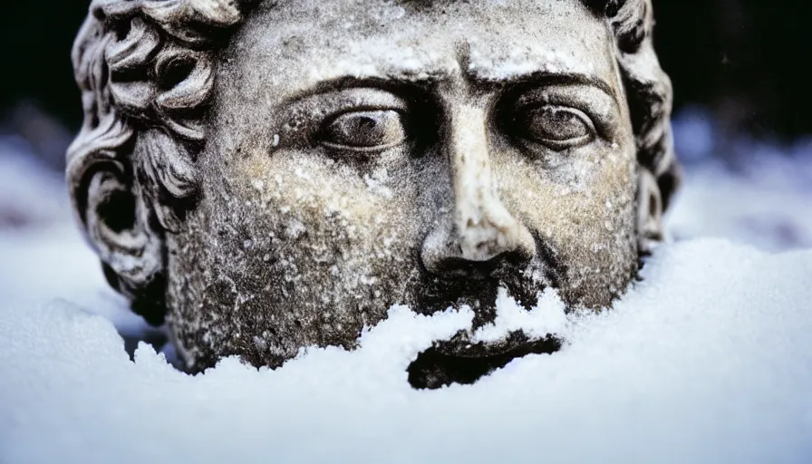 Prompt: 1 9 6 0 s movie still close up of marcus aurelius dirty face frozen to death under the snow on a river's shore with gravel, pine forests, cinestill 8 0 0 t 3 5 mm, high quality, heavy grain, high detail, texture, dramatic light, anamorphic, hyperrealistic, detailed hair foggy