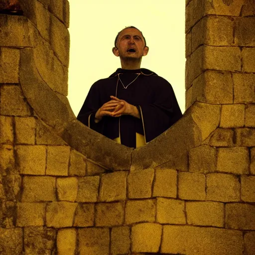 Image similar to Close-up of a terrified catholic priest in his thirties on the roof of a medieval tower watching in fear as an ominous yellow shadow descends upon him from the night sky. He is fervently praying but his eyes are wide open with fear. Low angle angle, dramatic lighting. Award-winning digital art, trending on ArtStation