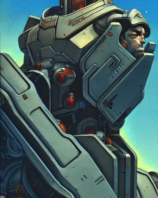 Image similar to reinhardt from overwatch, character portrait, portrait, close up, concept art, intricate details, highly detailed, vintage sci - fi poster, retro future, in the style of chris foss, rodger dean, moebius, michael whelan, and gustave dore