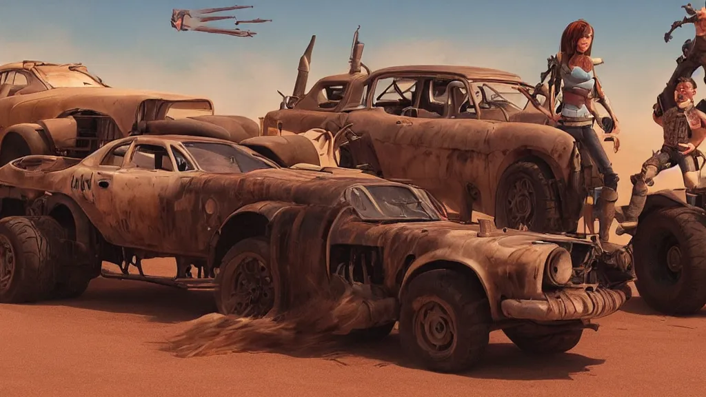 Image similar to mad max cars in a pixar disney movie