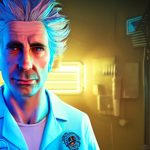 Image similar to portrait of rick sanchez, lab coat and tee shirt, atmosphere, glow, detailed, intricate, full of colour, cinematic lighting, trending on artstation, 4 k, hyperrealistic, focused, extreme details, unreal engine 5, cinematic, masterpiece