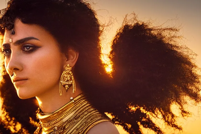 Image similar to a beautiful award winning photo of Cleopatra, golden hour, very detailed and sharp, 4k cinematic