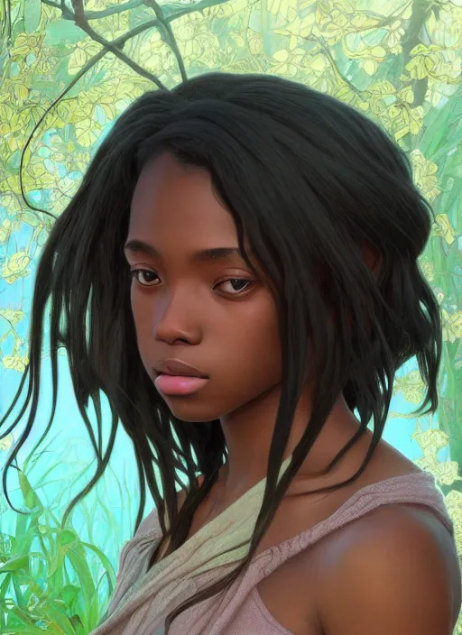 Prompt: pretty young black woman with shoulder length hair, path traced, highly detailed, high quality, digital painting, by studio ghibli and alphonse mucha, leesha hannigan, makoto shinkai, disney