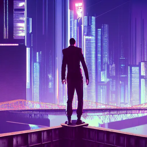 Image similar to a man standing on top of a bridge over a city, cyberpunk art by vincent lefevre, behance contest winner, altermodern, cityscape, synthwave, matte painting