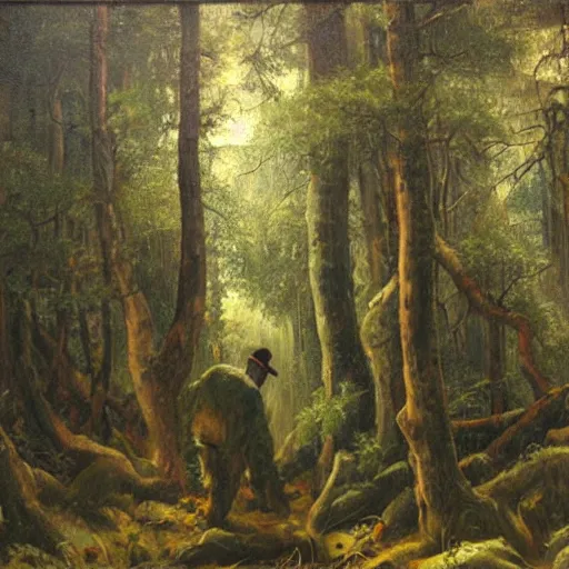 Image similar to a man looking in the forest to see an oversized terrifying monster, dramatic oil painting