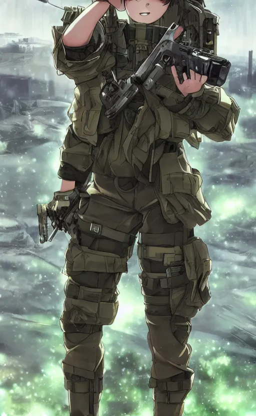 Prompt: girl, trading card front, future soldier clothing, future combat gear, realistic anatomy, concept art, professional, by ufotable anime studio, green screen, volumetric lights, stunning, military camp in the background, perfect eyes