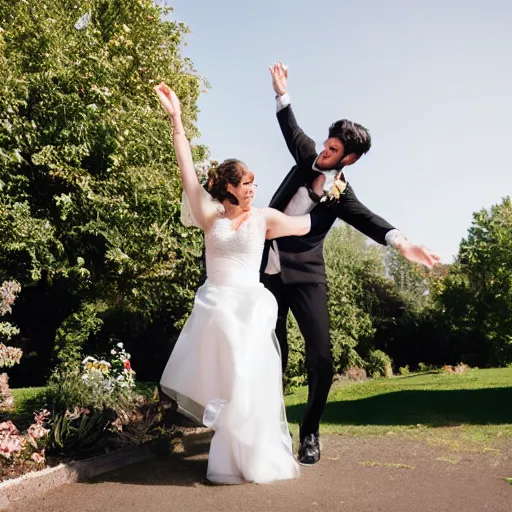 Prompt: Groom with stubble and bride with dark hair dance in a sunny day