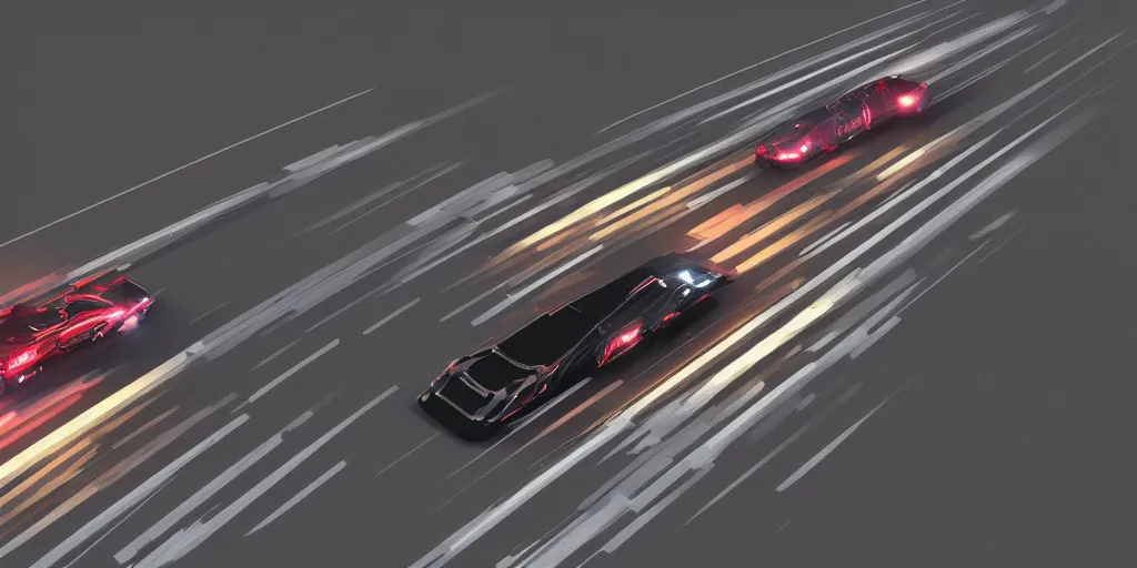 Prompt: a drawing of two cars drag racing in the middle of the night, realism, octane render, intense,