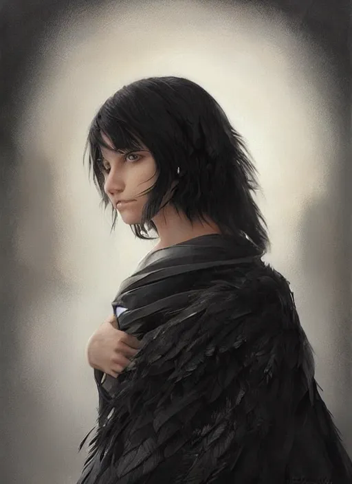 Image similar to a teenage girl with very short black hair and a huge cloak made of grey and black feathers. beautiful highly detailed face. beautiful painting by artgerm and greg rutkowski and raymond swanland, portrait