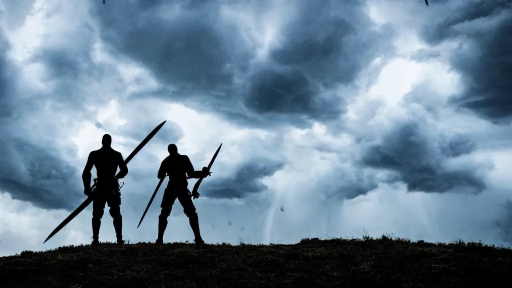 Image similar to low angle two warriors holding swords standing looking up at a villain silhouette thunder lighting storm heavy rain dark clouds