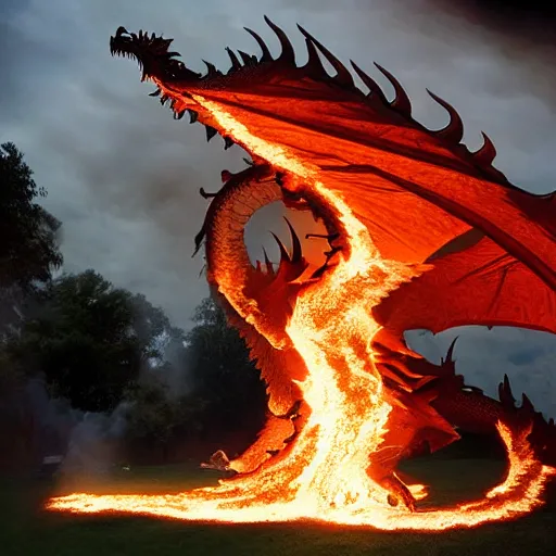 Image similar to giant dragon bursting from too much fire, dragon got too big and exploded