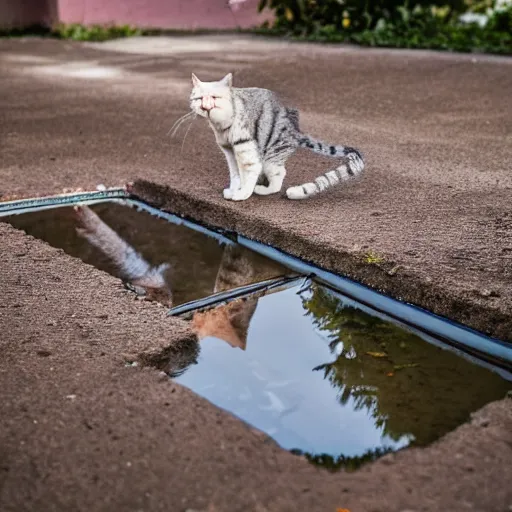 Prompt: photo of a cat drinking water from a puddle