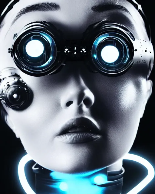 Image similar to centered portrait of soulful young audrey hepburn as a solarpunk mecha humanoid robotic parts wearing crystal goggles with bright led lights, real human face, pudica gesture bouguereau style, in white room, ultra - realistic and intricate, soft portrait shot 8 k