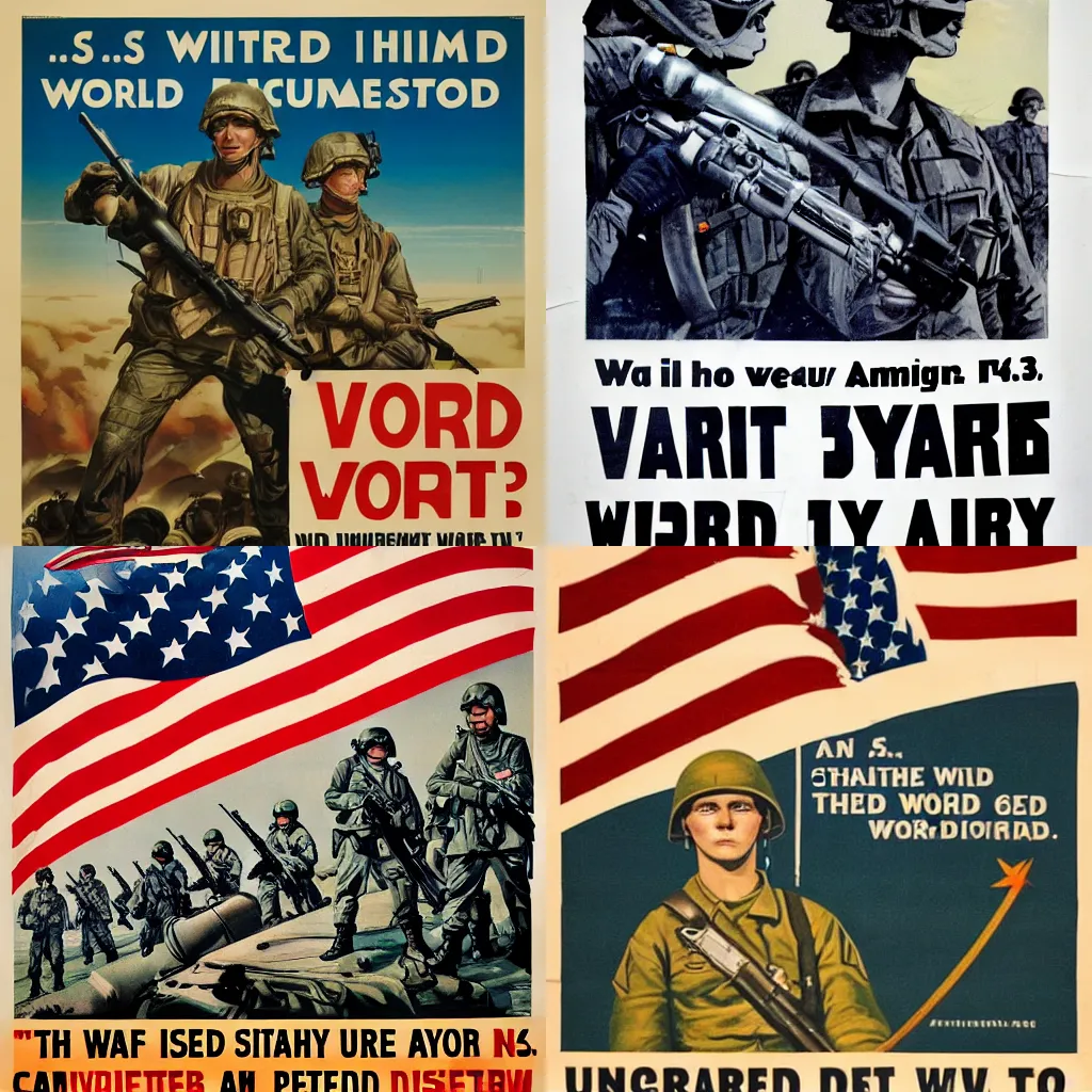 Prompt: an American propaganda poster promoting the United States army fighting in World War 3, WW3, dystopian future, American propaganda, anti-communist