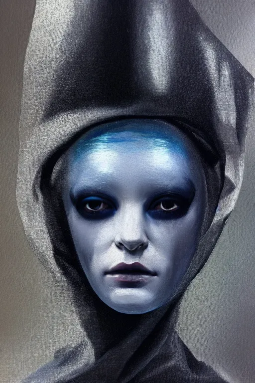 Prompt: hyperrealism oil painting, close - up portrait of albino medieval fashion model, black silk, steel gradient mixed with nebula sky, in style of baroque