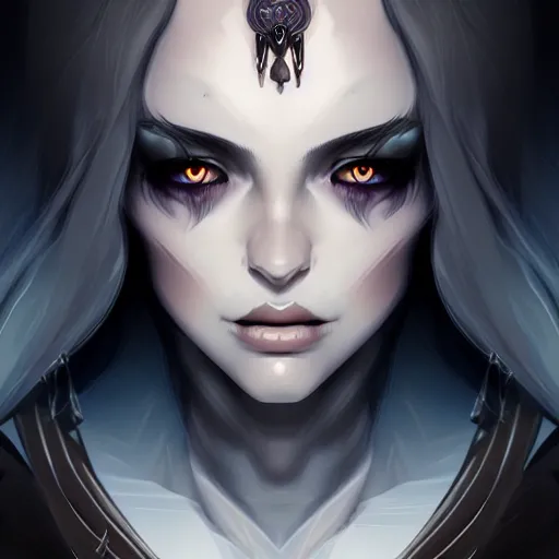 Prompt: dark sorceress full view, symmetrical face, highly detailed, wlop style, artstation, concept art, soft light, sharp focus, illustration, character design