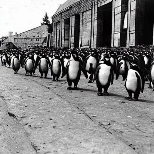 Prompt: “historical pictures of penguins marching along side of German soldiers, WW2”