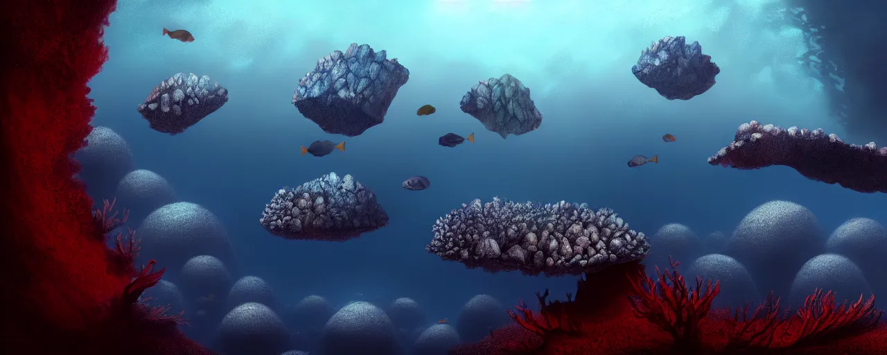 Image similar to A gorgeous detailed oil of a dark red sea covered in big blue steep rocks, a school of piranhas underwater, the further away the mistier it gets, surreal, concept art, dark aesthetic, atmospheric, moody, hyperrealism, highly detailed, masterpiece, award winning, 4k, unreal engine