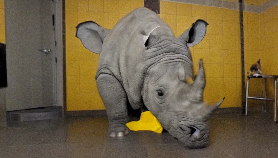 Image similar to a rhinoceros in a public bathroom with yellow tiles floor, by mini dv camera, very very low quality, heavy grain, heavy jpeg artifact blurry, caught on trail cam