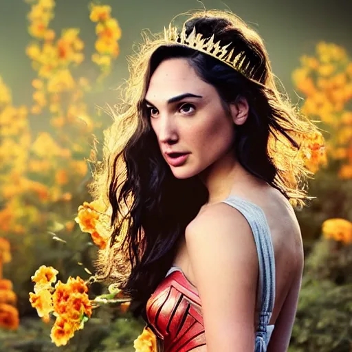 Image similar to photo of the beauty gal gadot, she is posing while maintain a sweet eye contact to the camera, she has a crown of flowers, the photo was taken at sunset with a bokeh effect, photo by edward steichen, photorealistic, matte painting, hyper realistic, 4 k, 8 k, cinematic composition, hd, highly detailed, trending on artstation