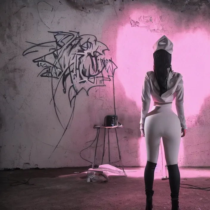 Image similar to kim kardashian doing graffiti mural in a derelict room, dust mist, rear-shot, pov from behind, very skin tight white leggings with a pink hoody with hood up, mold, intricate, epic lighting, cinematic composition, hyper realistic, 8k resolution, unreal engine 5