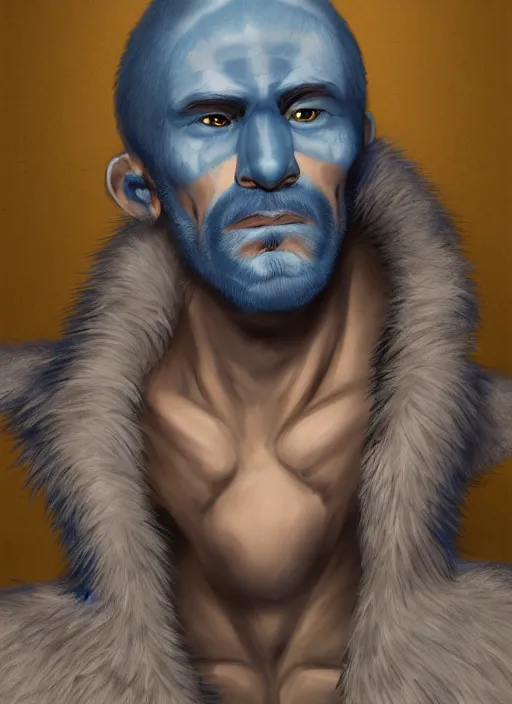 Image similar to portrait of a blue-skinned man wearing a fur coat, illustration, fantasy, Dungeon and Dragon, trending on ArtStation