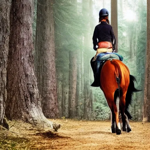 Image similar to cat riding a horse through a forest