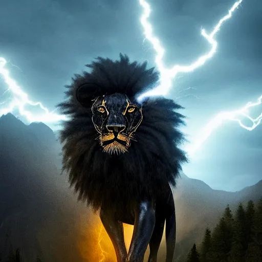 Image similar to black lion's god looking at you with fur made from gold lightnings surrounded by epic ancient huge forest and mountains, colossal scale, cinematic shot, hyperdetails, dramatic lighting, by Evgeniy Antonenkov and James Jean