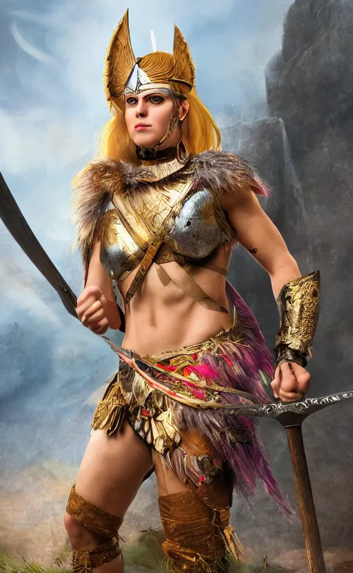 Prompt: a full shot photo of valkyrie, sword, colorful, goddess, caucasian, feminine, axe, realistic, 8 k, hdr, extremely detailed
