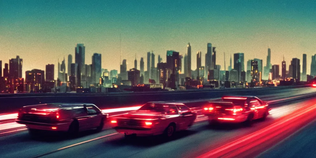 Image similar to 8 0 s neon movie still, high speed car chase on the highway with city in background, medium format color photography, 8 k resolution, movie directed by kar wai wong, hyperrealistic, photorealistic, high definition, highly detailed, tehnicolor, anamorphic lens, award - winning photography, masterpiece