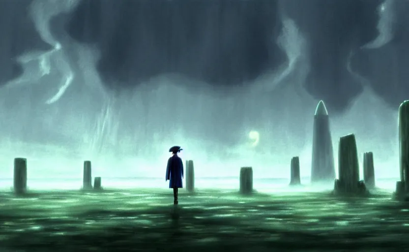 Prompt: a realistic and atmospheric cell - shaded concept art from howl's moving castle ( 2 0 0 4 ) of a grey monk standing in a futurist sci - fi city that looks like stonehenge in a flooded rainforest. it is a misty starry night. a ufo is in the sky. very dull muted colors, hd, 4 k, hq