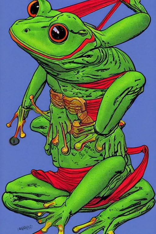 Image similar to Frog Samurai. concept art by James Gurney and Mœbius.