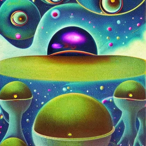 Image similar to 1960s photograph of an alien world with floating islands and beautiful gigantic plants with eyeballs, trippy, psychedelic, space art, galaxy nova
