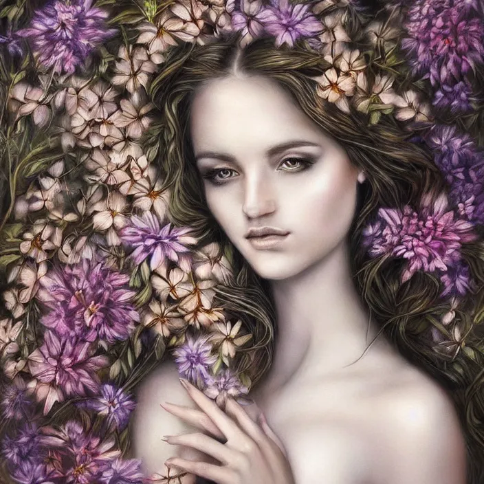Prompt: a portrait of an ethereal, beautiful woman, with elements of floral blooms, wildlife and nature, figurative imagery, realistic style, detailed