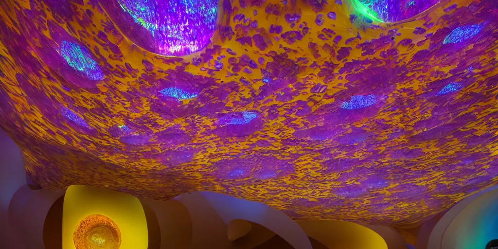 Image similar to extremely detailed awe stunning beautiful futuristic smooth curvilinear museum interior, translucent gills, hyper real, 8k, colorful, 3D cinematic volumetric light, atmospheric light