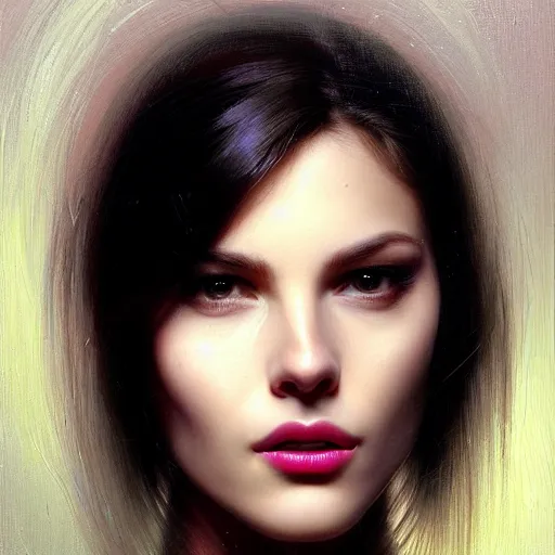 Prompt: Facial portrait of a gorgeous girl, looking away from the camera, seductive smile, sparkle in eyes, lips slightly parted, long flowing hair, no hands visible, intricate, delicate, teasing, naughty, arrogant, defiant, bored, mysterious, extremely detailed painting by Mark Brooks and by Greg Rutkowski, vibrant colors, studio lighting