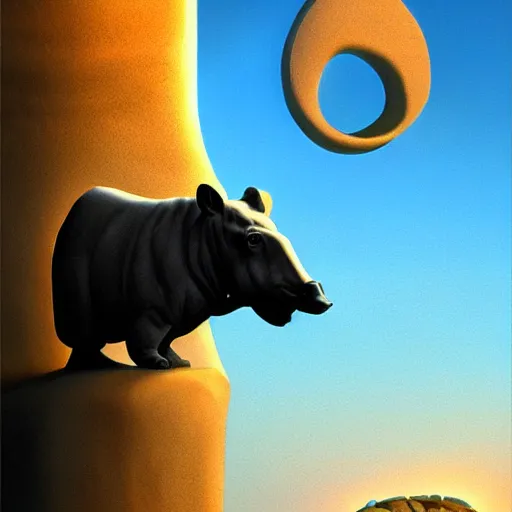 Prompt: a tapir sculpting a stone statue of the lambda symbol, epic sunset in the background, highly detailed digital art by boris vallejo