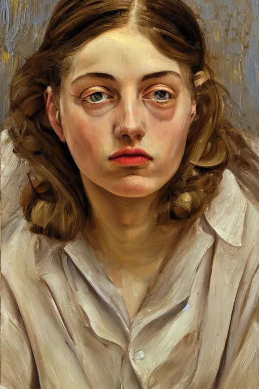 Image similar to high quality high detail oil painting of a young woman by lucian freud, painterly thick brushstrokes, hd, photorealistic lighting