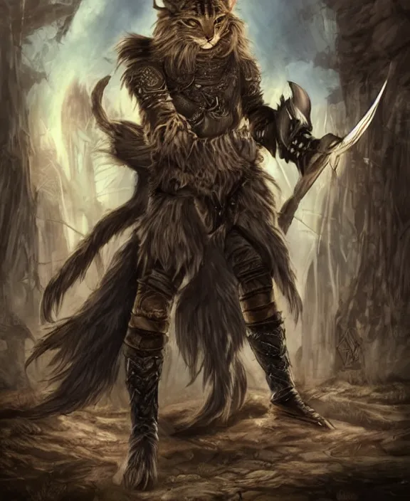 Image similar to humanoid male khajiit rogue with a scar on left eye, wearing leather armor with a hood, mainecoon cat features with black fur, far - mid shot, magic the gathering, fantasy